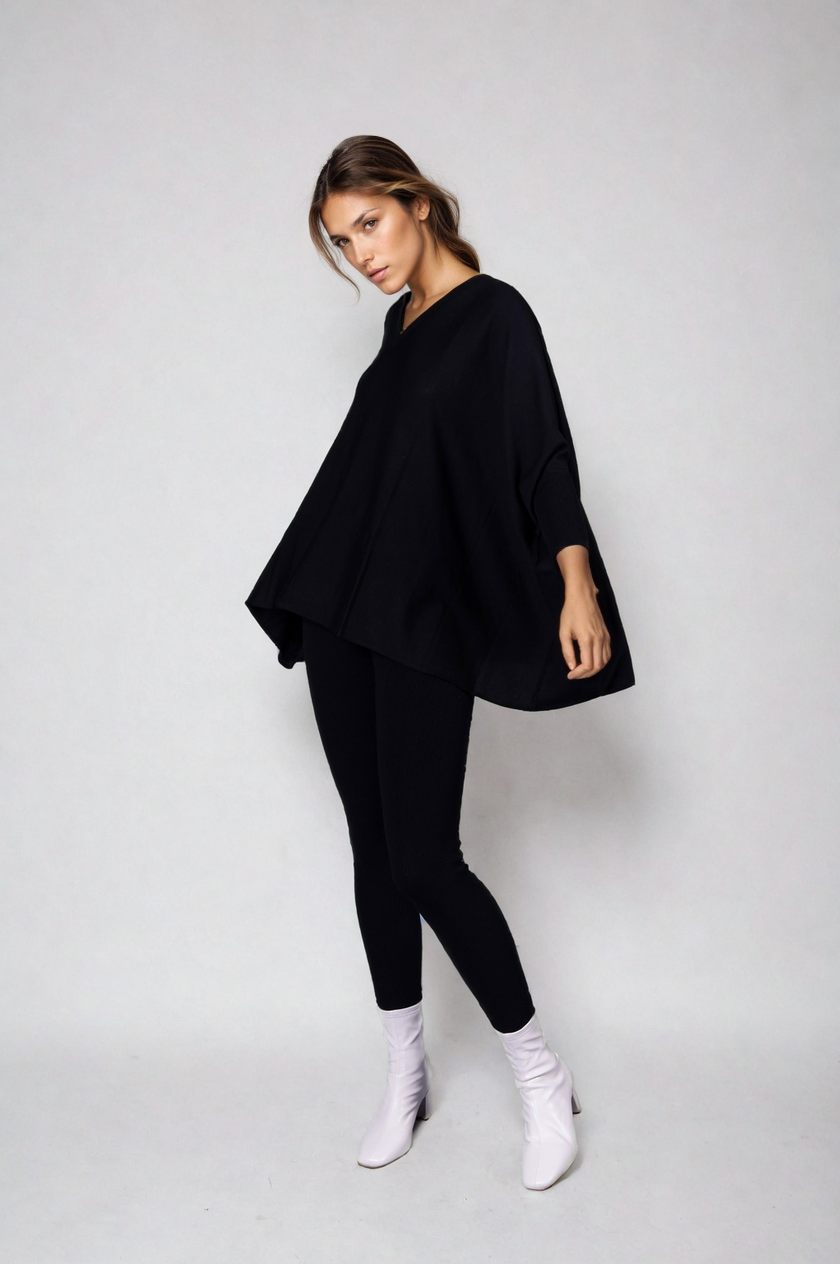 V neck Outdoor Cape - Black