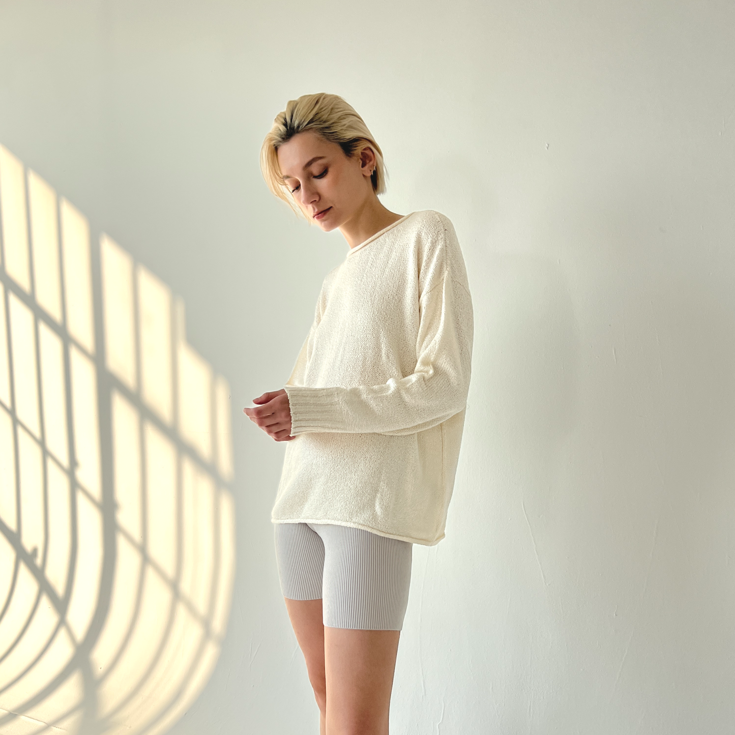 100% Silk Long Sleeve Pullover -Natural