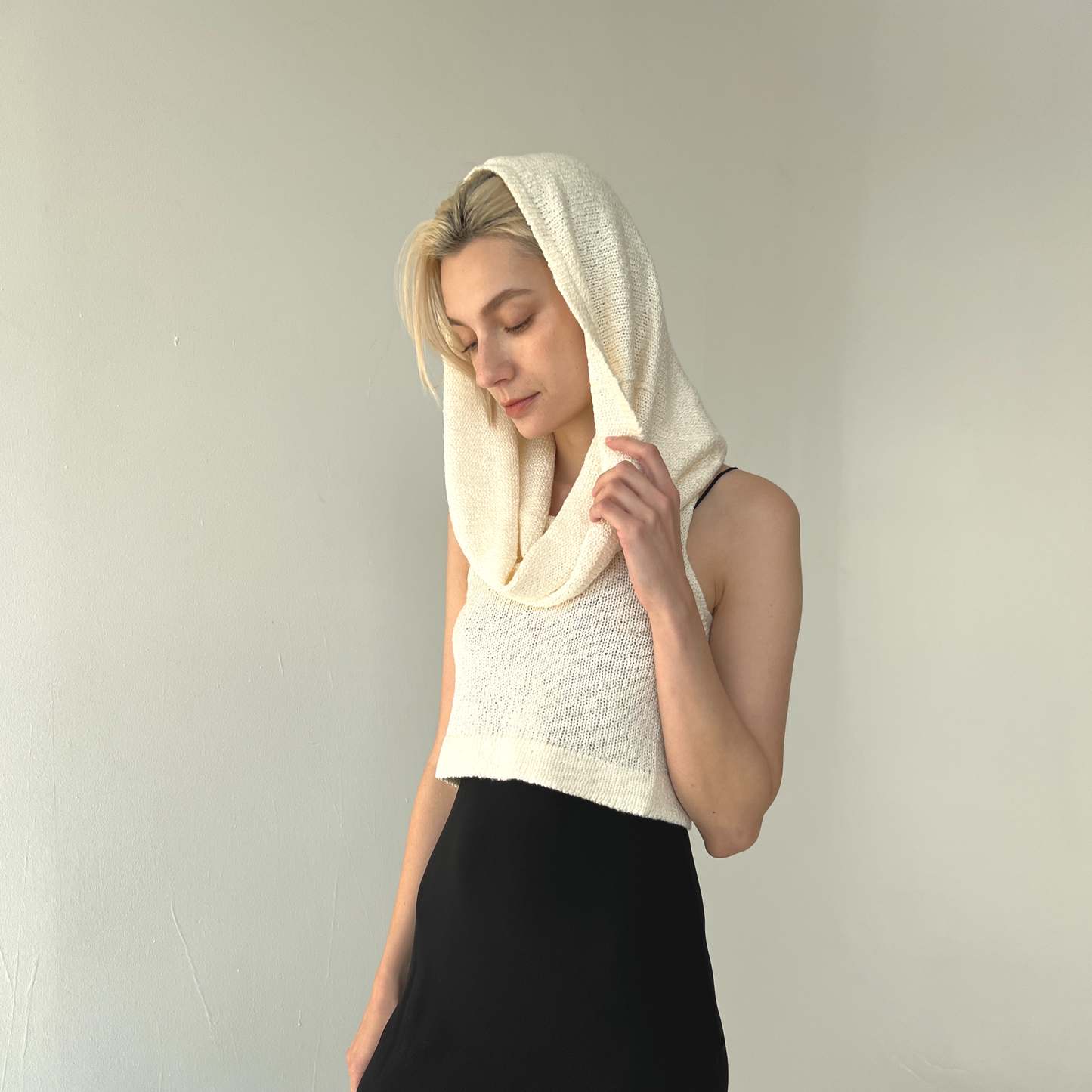 100% Silk Crop Cowl Hoodie -Natural