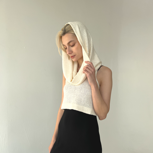 100% Silk Crop Cowl Hoodie -Natural