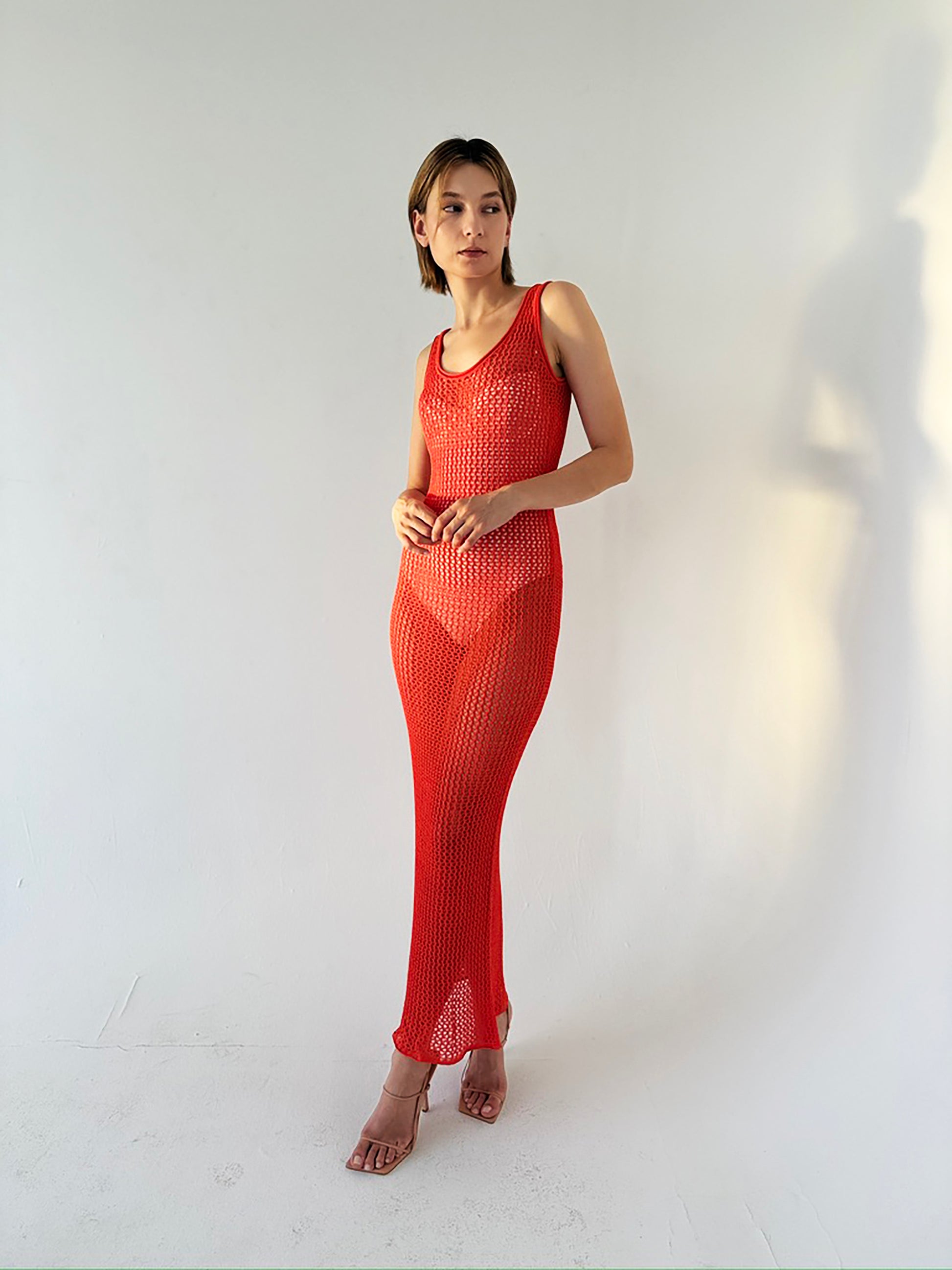 open mesh dress Erica A-line Diagonal Neck Mesh Sheer Midi Dress
